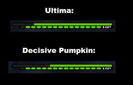 A picture showing that Decisive Pumpkin does more damage in one combo to roxas than ultima does